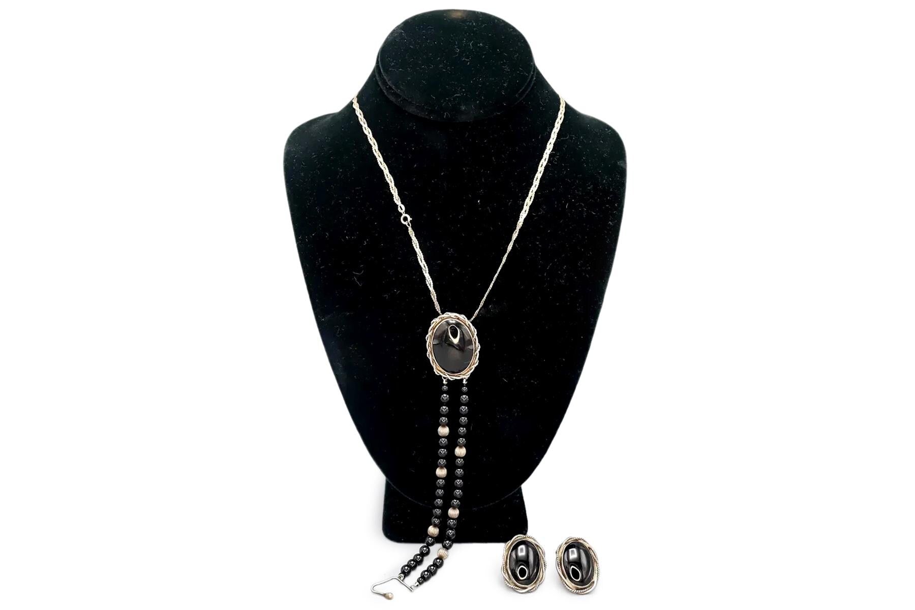 Southwestern Americana Sterling And Onyx Jewelry Set by Regina 1980s Vintage Fashion Accessories, Hand Signed