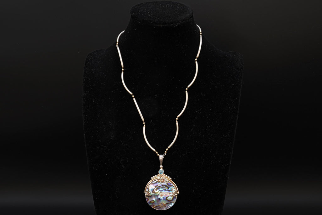 Vintage 1990s Sajen Jewelry, Paua Shell Abalone And Topaz On Sterling Silver Settings, Bar And Ball Chain Necklace, Fashion Accessories