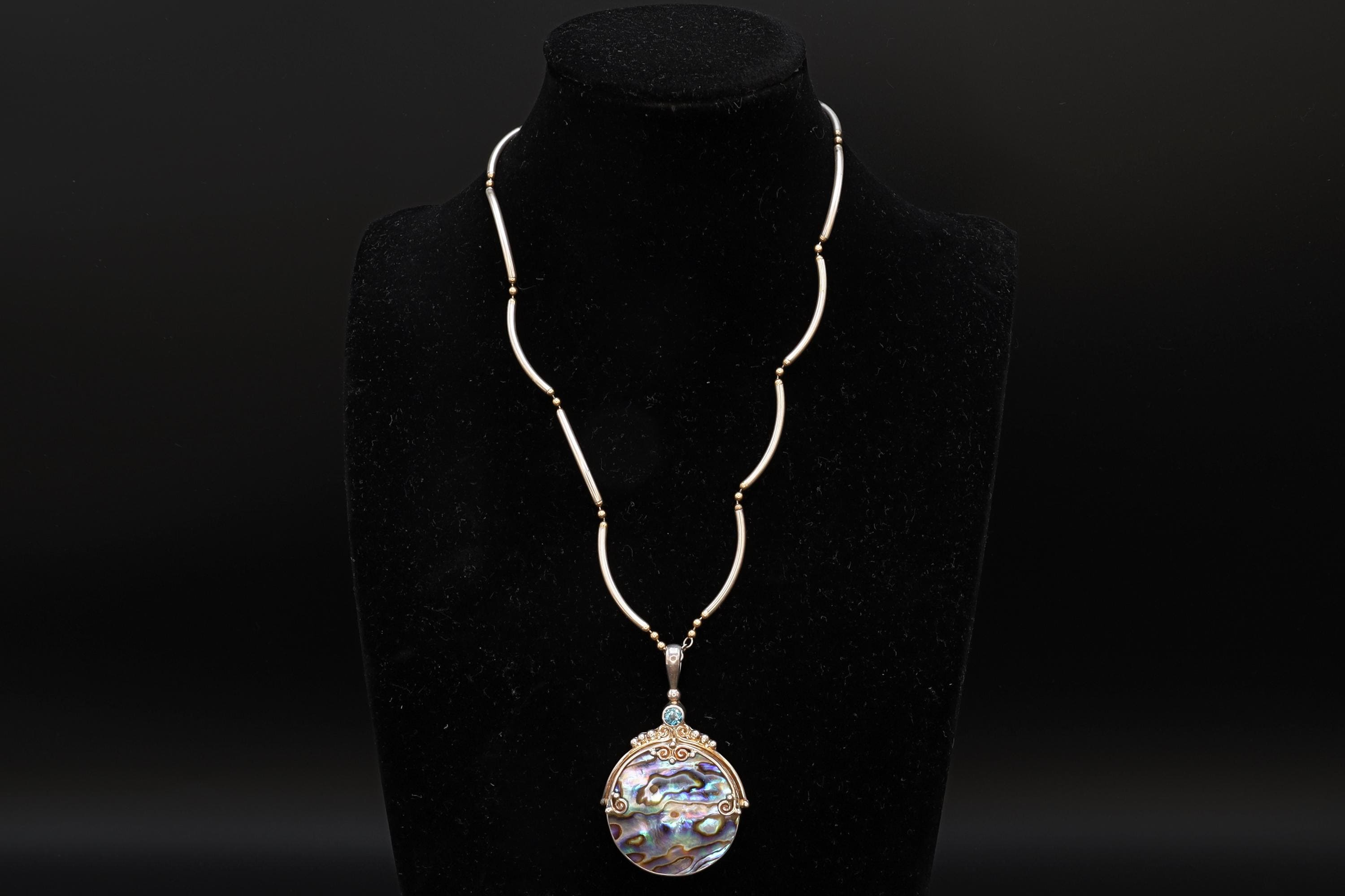 Vintage 1990s Sajen Jewelry, Paua Shell Abalone And Topaz On Sterling Silver Settings, Bar And Ball Chain Necklace, Fashion Accessories