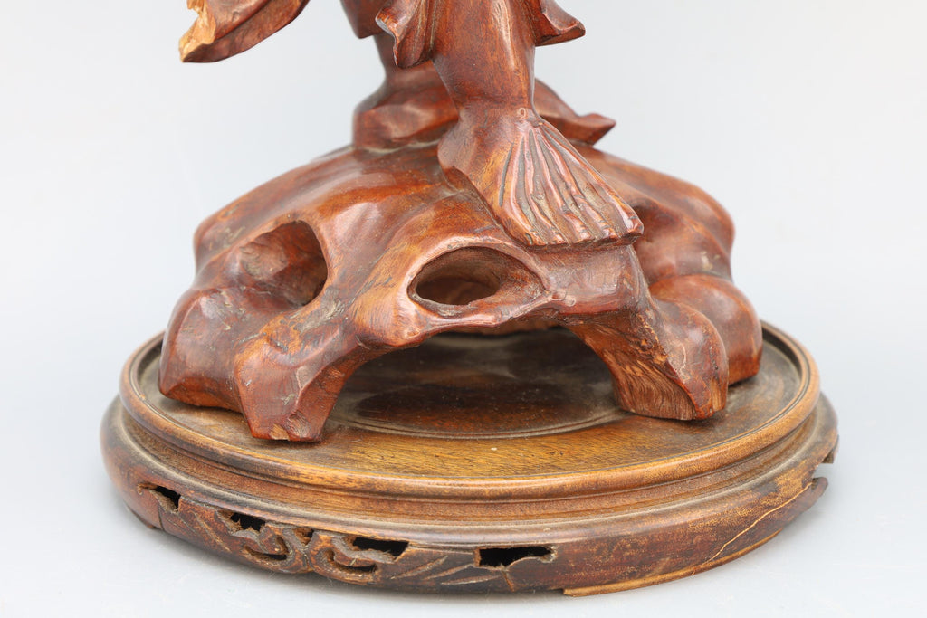 Antique 1910s Japanese Carved Wood Figure Of God Ebisu. Statuette Of An Old Man With Fish And Basket, Oriental Folk Arts And Crafts
