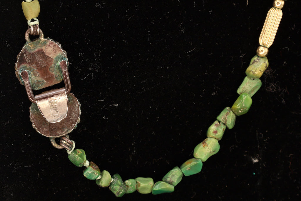 EXTRA LONG Vintage 1920s Chinese Exports Beaded Necklace, Green Turquoise And Sterling Silver, Gemstone Nuggets