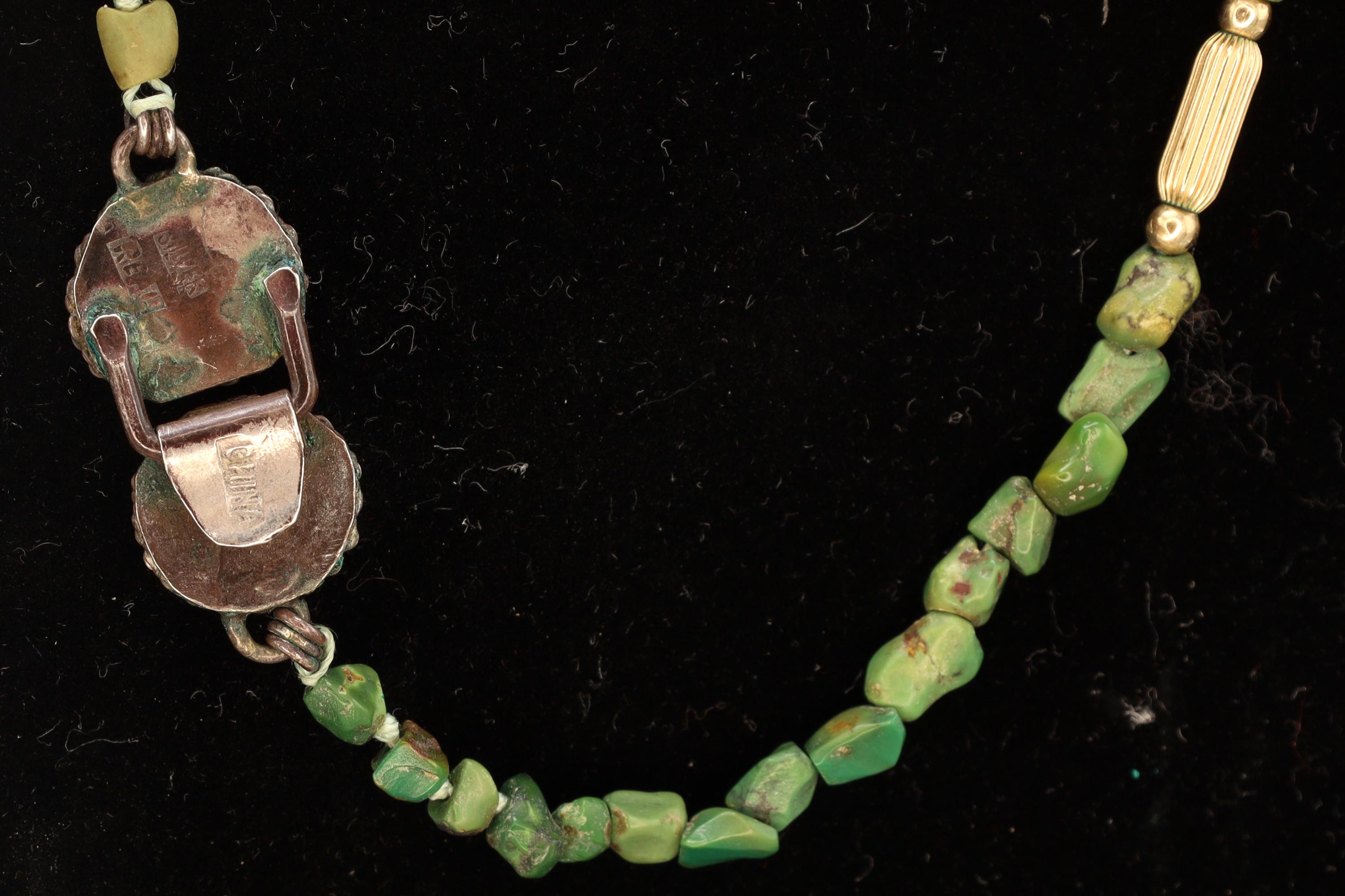EXTRA LONG Vintage 1920s Chinese Exports Beaded Necklace, Green Turquoise And Sterling Silver, Gemstone Nuggets