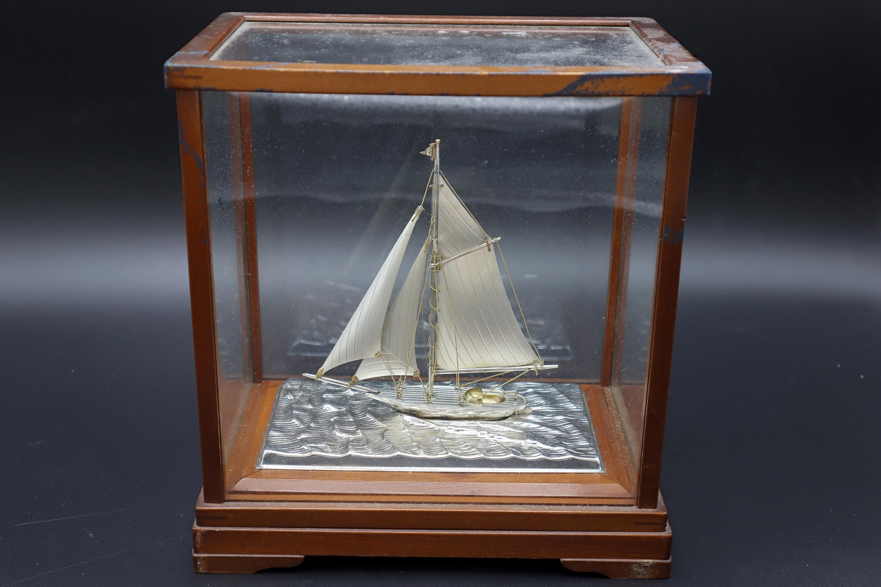 1970s Handmade And Finely Detailed Silver Electroplated Model Of A Sailing Ship, Sports Boat Sculpture By Japanese Silversmith Seki Takehiko