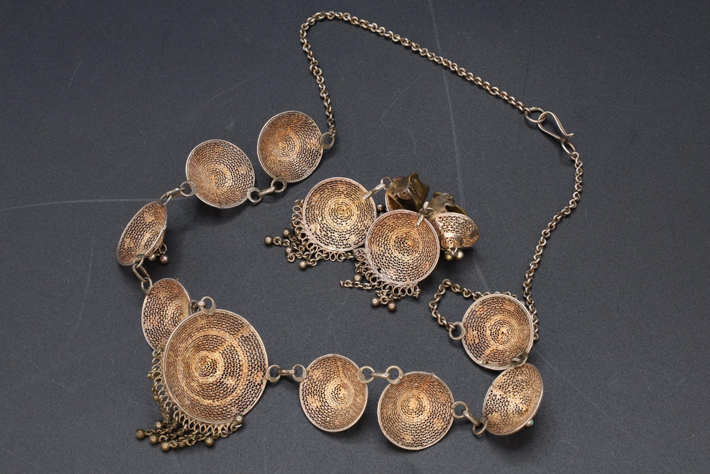 Art Deco Jewelry Set, Bib Panel Necklace With Dangling Fringes And Earrings. 900 Silver Filigree And Rose Gold Wash. Portugal Ca 1940s