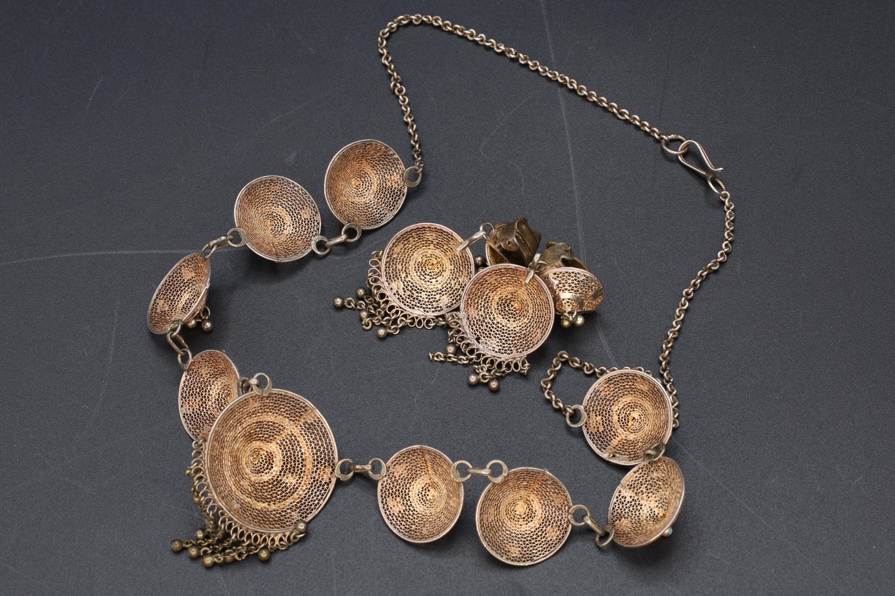 Art Deco Jewelry Set, Bib Panel Necklace With Dangling Fringes And Earrings. 900 Silver Filigree And Rose Gold Wash. Portugal Ca 1940s
