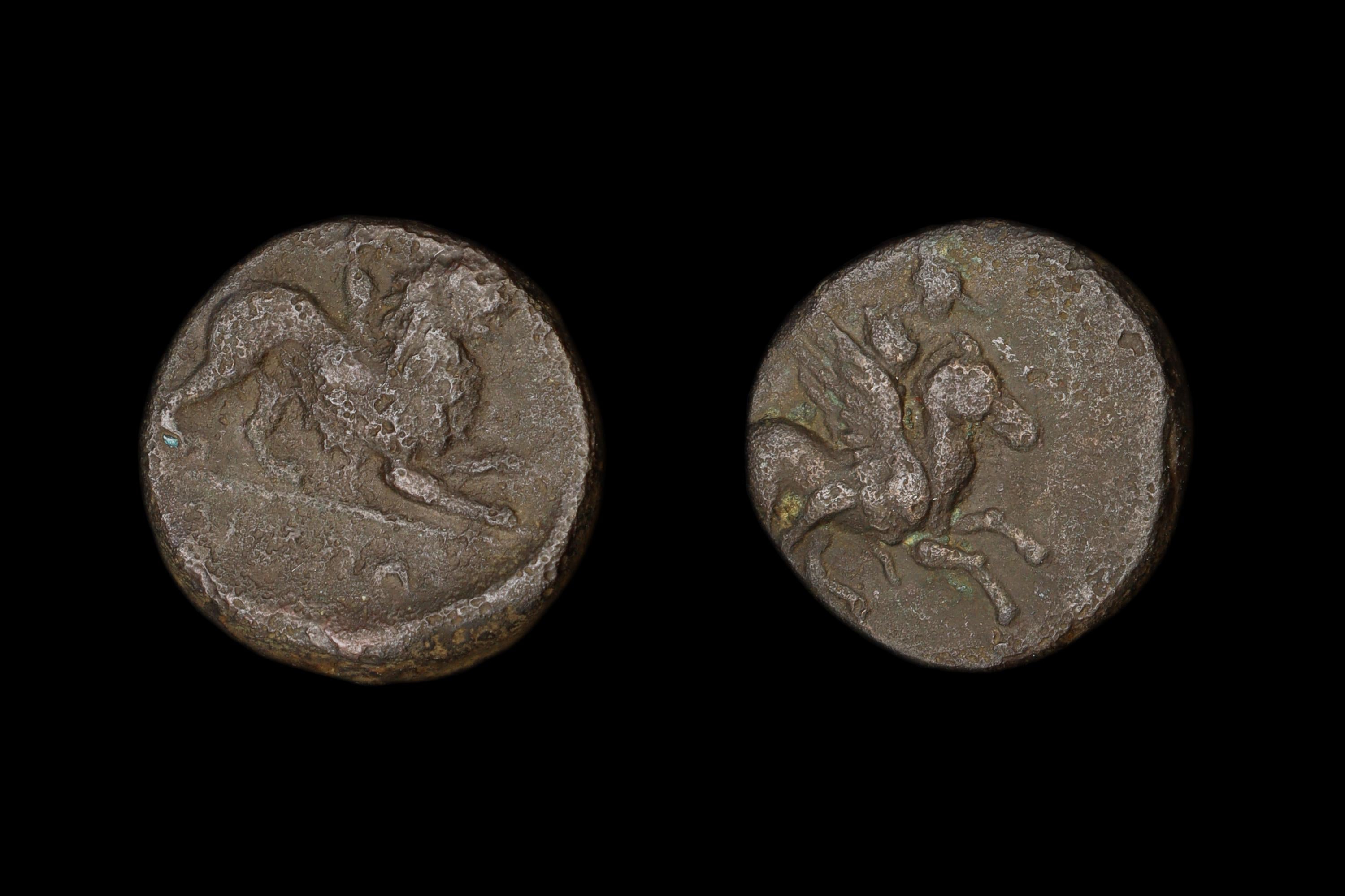 RARE Akarnania Leukas, AR Bronze Coin Circa 350 To 330 BCE, Bellerophon Riding Pegasus, Chimaera Monster, Ancient Collectibles Numismatics