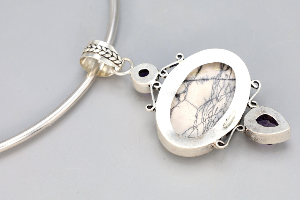 Vintage Collar Torc Necklace With A Multistone Pendant, 925 Sterling Silver, Faceted Amethyst Cabochons, White Jasper Howlite