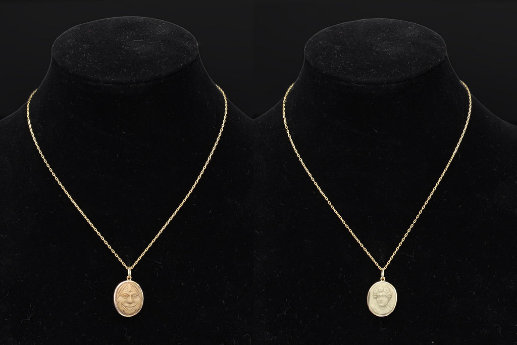 Carved Volcanic Lava Cameos On 13 Karats Rose Gold Pendant, Medusa Gorgoneion And Female Patrician, Gold Wash Chain, Grand Tour Jewelry