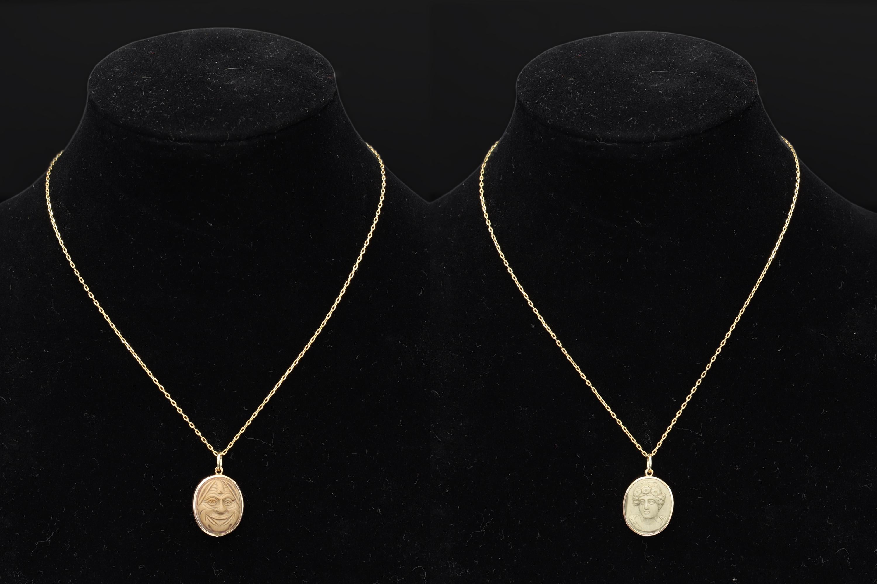 Carved Volcanic Lava Cameos On 13 Karats Rose Gold Pendant, Medusa Gorgoneion And Female Patrician, Gold Wash Chain, Grand Tour Jewelry