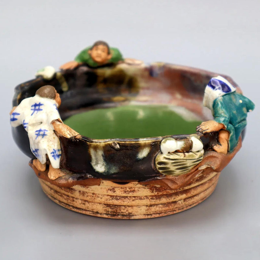 Antique Early 20th Century Japanese Sumida Gawa Drip Pottery Bowl. A Tall Dark Brown Ashtray With 3 Applied Figurines Of Men, Taisho Era