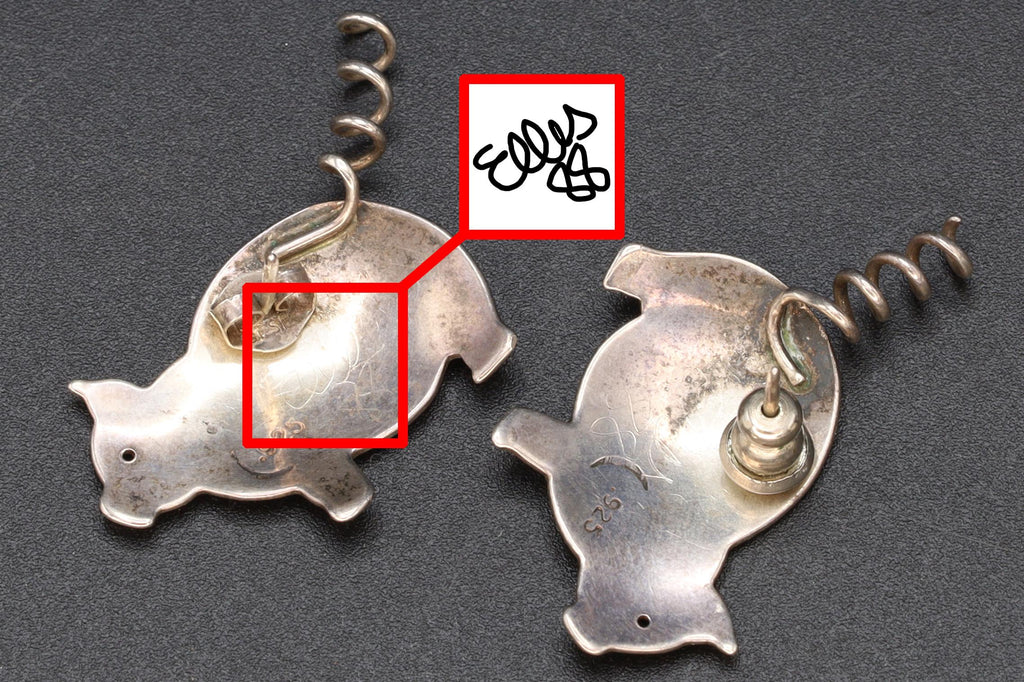 Vintage 1988 ELLES Pig Earrings, Crescent Moon 925 Sterling Silver Hallmarks, American Studs, Southwestern Womens Jewelry Animal Art