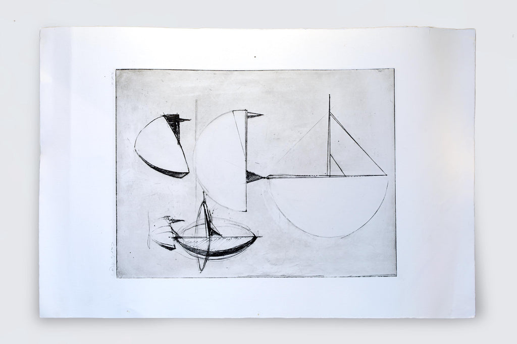 Italian Futurism Artwork By Carlo MO, Hand Signed 1980s Art Etching, Project Of Modernist Sculpture, Rare Artist Proof Copy Piece