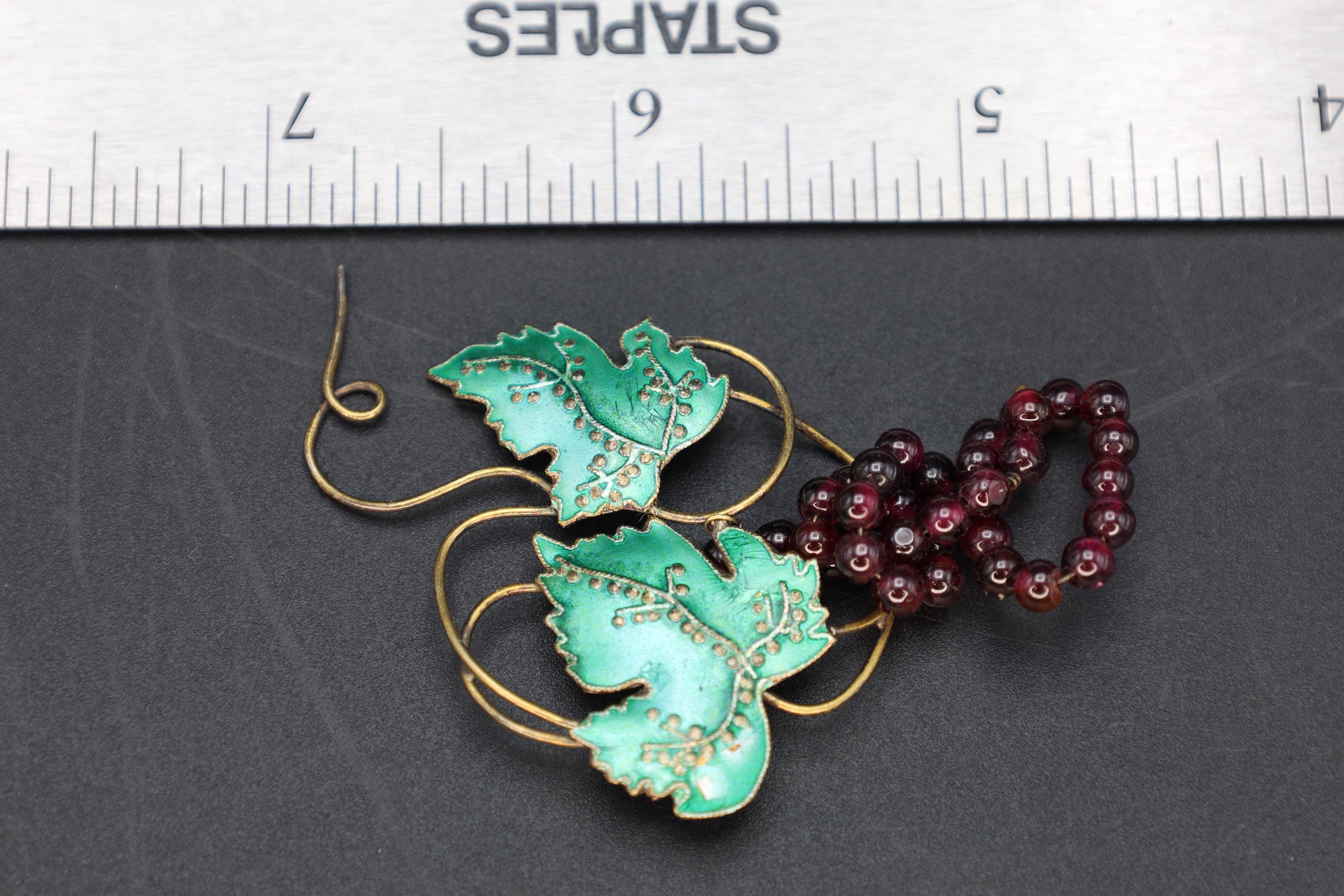 Grapes And Vine Brooch, Vintage 1970s Figural Jewelry, Vermeil Sterling Silver, Green Enamel And Round Red Garnet Beads, Fashion Accessories