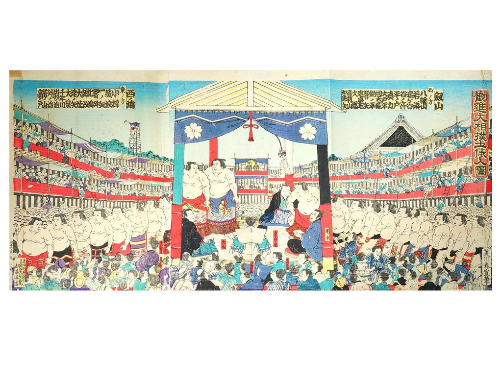 Antique 1870s Triptych Of Ukiyo-e Color Woodblock Print By Harunobu Hishikawa, Sumo Tournament, Triptych Panels Set, Asian Arts