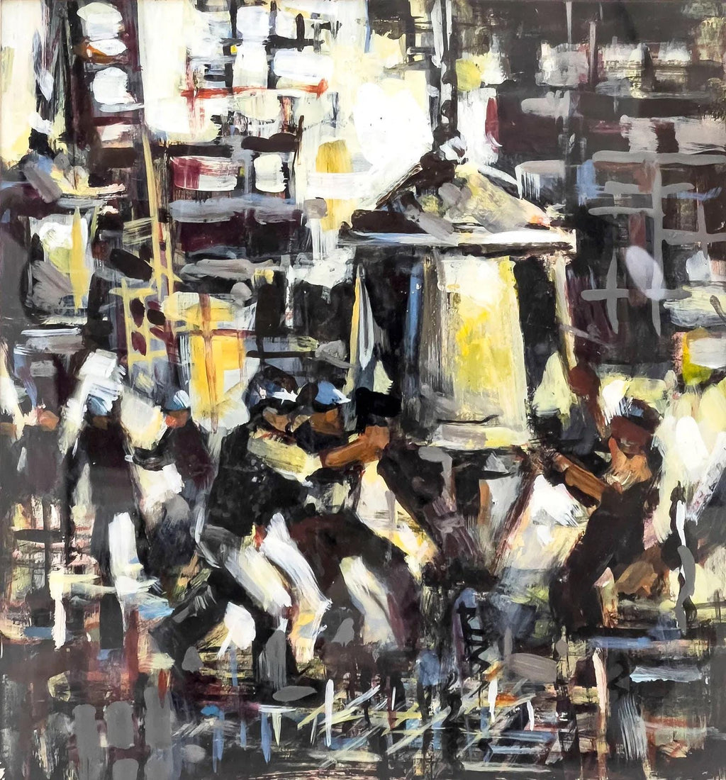Small Format Oil Painting Signed James Kelly, Retro Mid Century Americana Art And Decor, Expressionist Artworks About Construction Workers