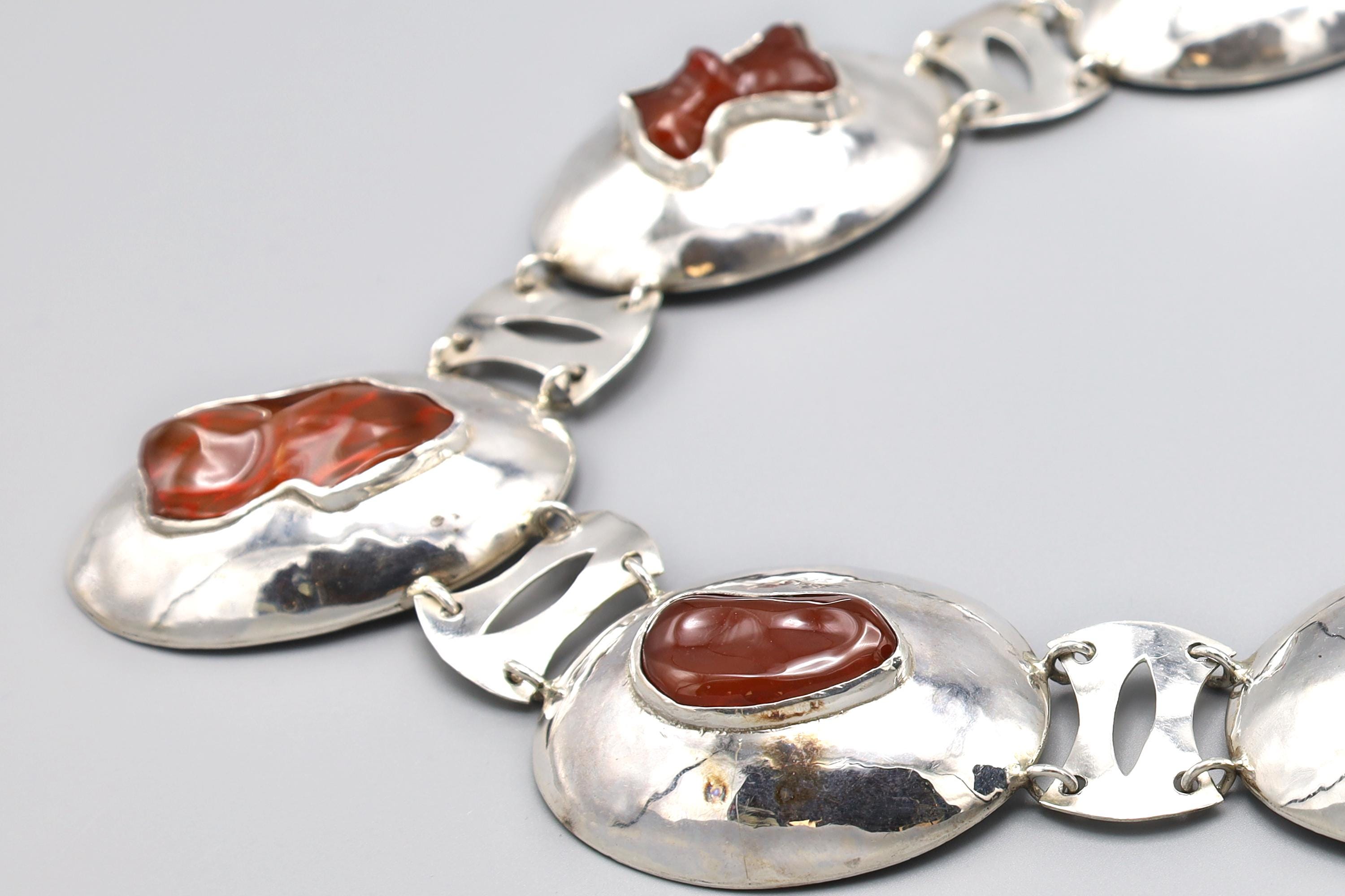 Vintage 1990s, Artisan Handmade Jewelry Piece, 925 Silver Southwestern Americana Massive Statement Necklace, Concho Necklace With Faux Amber