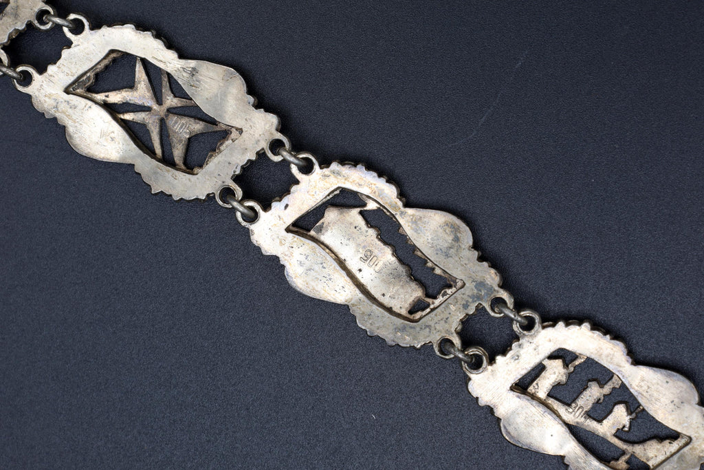Art Deco Panel Bracelet, 900 Silver And Rose Gold. Greek Jewelry From The Mid Century, Landmarks Of Greece And Aegean Islands, Marcasite