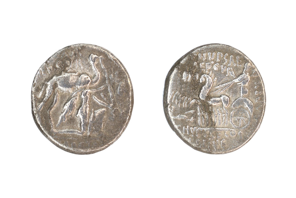 Ancient Roman Republic, Silver Denarius Coin, Surrender Of King Aretas III Of Nabatea, Camel And Cuadriga, Numismatics And Antiquities