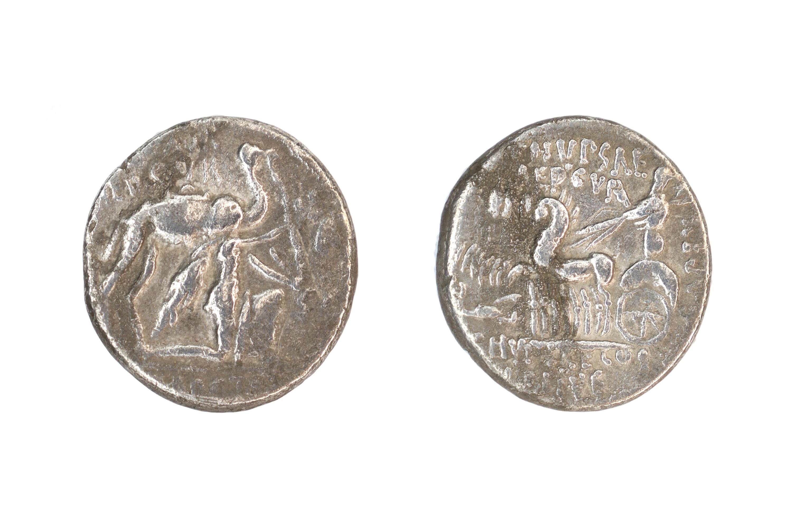 Ancient Roman Republic, Silver Denarius Coin, Surrender Of King Aretas III Of Nabatea, Camel And Cuadriga, Numismatics And Antiquities