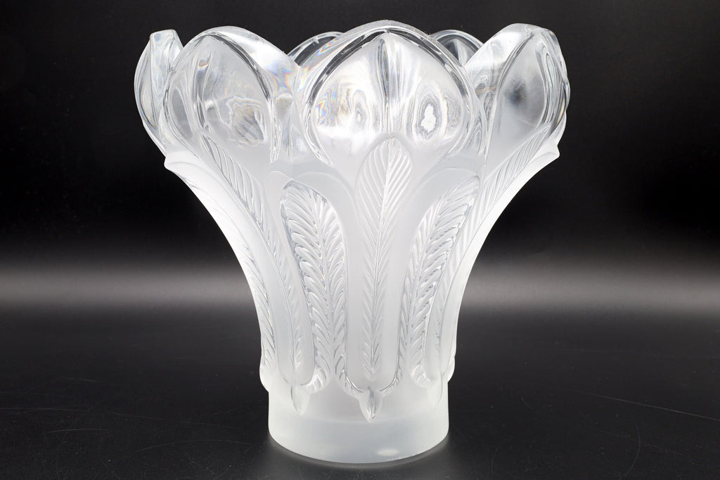 Vintage Lalique Esna Vase, Clear and Frosted Crystal Glass, 1984 Hand Signed, Peacock Feathers Vessel In Art Deco Style, Frosted Cut Glass
