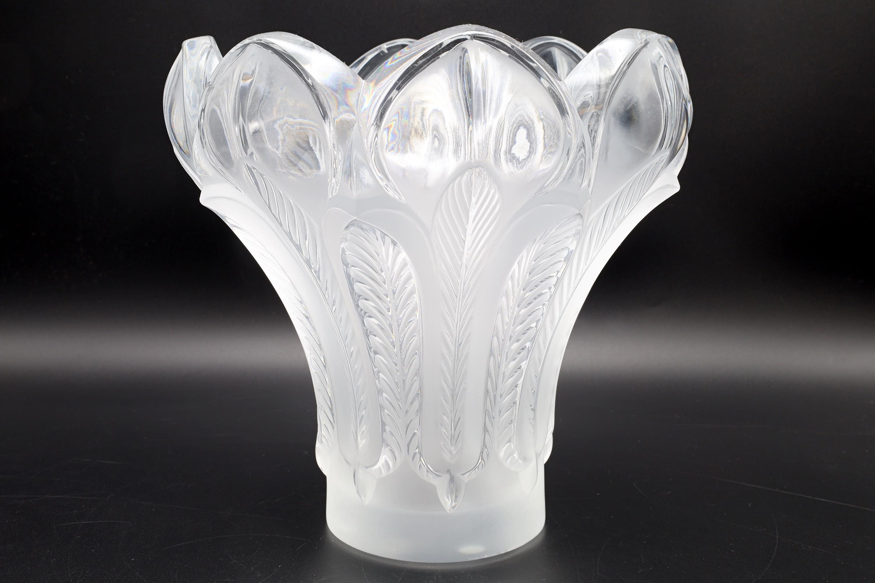 Vintage Lalique Esna Vase, Clear and Frosted Crystal Glass, 1984 Hand Signed, Peacock Feathers Vessel In Art Deco Style, Frosted Cut Glass