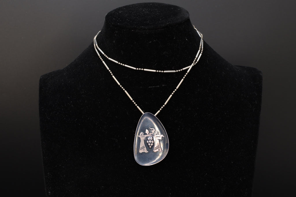 Joshua And Caleb Carrying Giant Grapes, Numbers 13, Judaica Modernist Pendant Necklace, Israel 925 Sterling Silver Ball Bar Chain