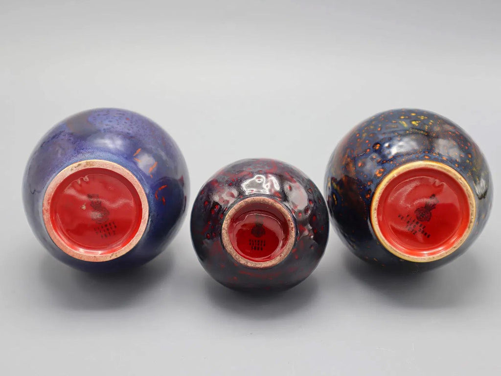 A Group Of 3 Flower Vases, Flambe Veined And Glazed Vases Made By Renowned English Pottery, Royal Doulton, Early 20th Century Pottery Art