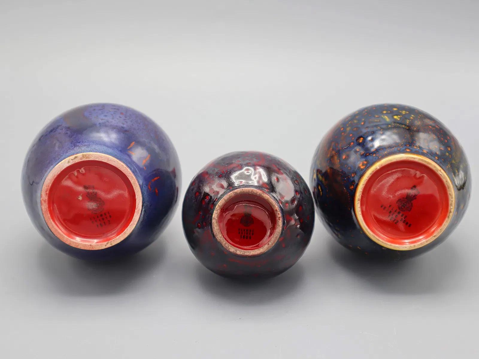 A Group Of 3 Flower Vases, Flambe Veined And Glazed Vases Made By Renowned English Pottery, Royal Doulton, Early 20th Century Pottery Art