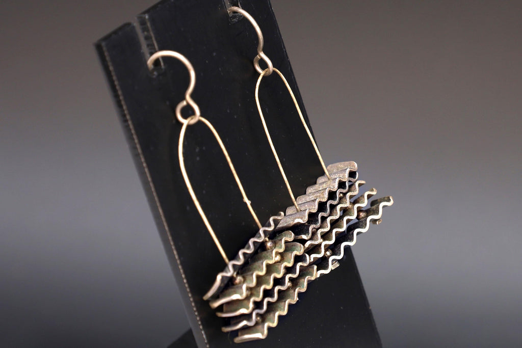 Modernist Abstract Dangle Earrings With A Ocean Waves Design, Corrugated 925 Sterling Silver Handmade Artisan Jewelry