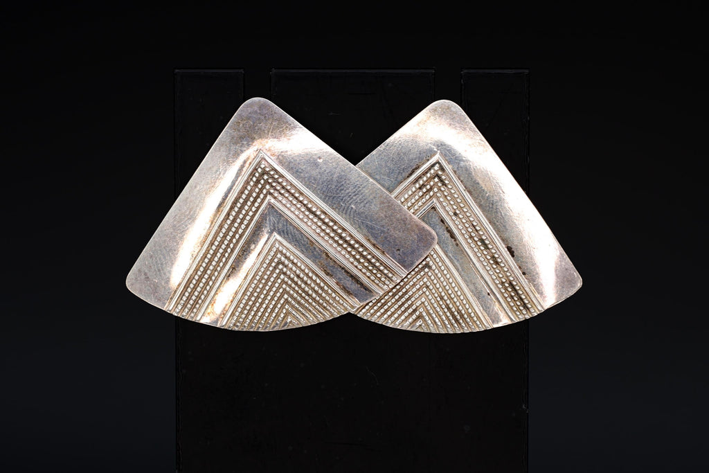 Large Modernist Stud Earrings With A Triangle Geometric Shape And Tribal Design, 925 Sterling Silver, Handmade Artisan Jewelry Art