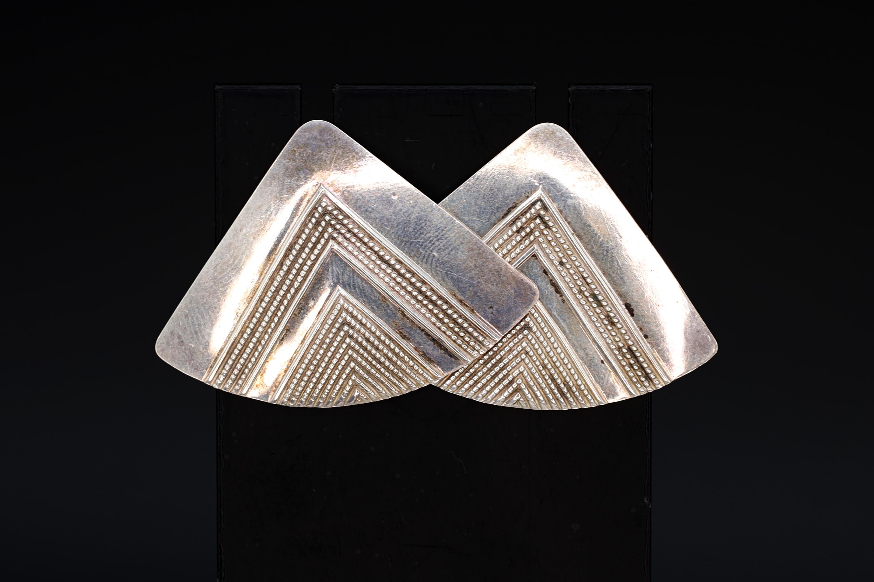 Large Modernist Stud Earrings With A Triangle Geometric Shape And Tribal Design, 925 Sterling Silver, Handmade Artisan Jewelry Art
