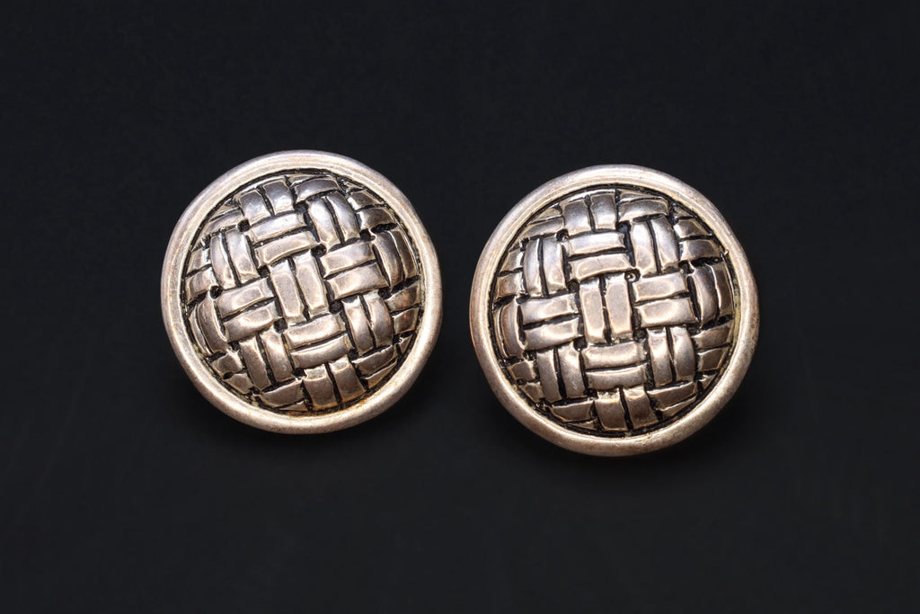 Large Round Studs, Woven Basket Earrings With Spiral Makers Hallmark, 925 Sterling Silver, Ribbon Knot, Retro Modernist Fashion Accessories