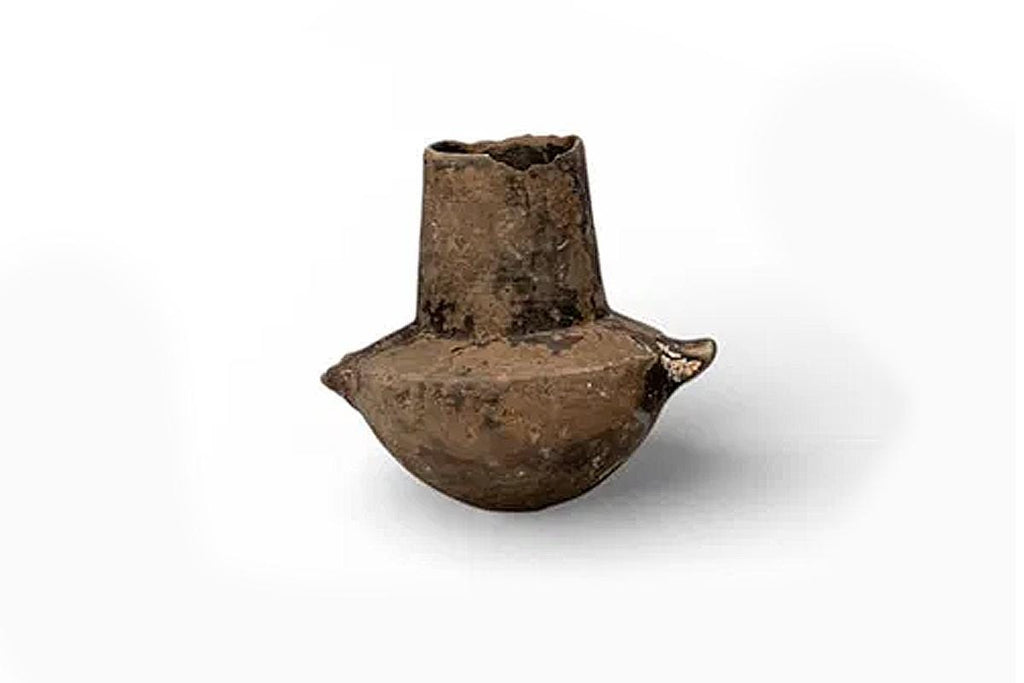 Ancient Cycladic Terracotta Collared Vessel With Two Handles, Neolithic Circa 2700 to 2200 BCE. A Dark Ceramic Utilitarian Vessel Or Jar