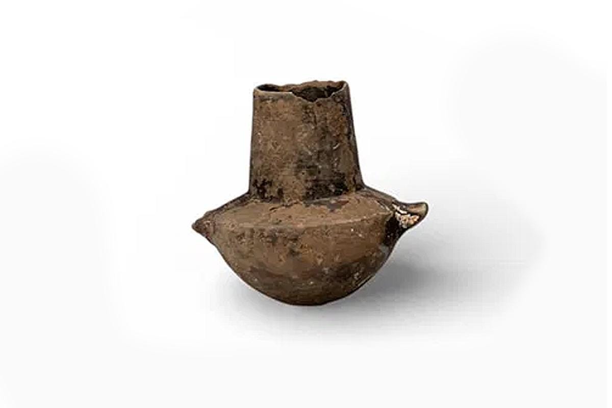 Ancient Cycladic Terracotta Collared Vessel With Two Handles, Neolithic Circa 2700 to 2200 BCE. A Dark Ceramic Utilitarian Vessel Or Jar