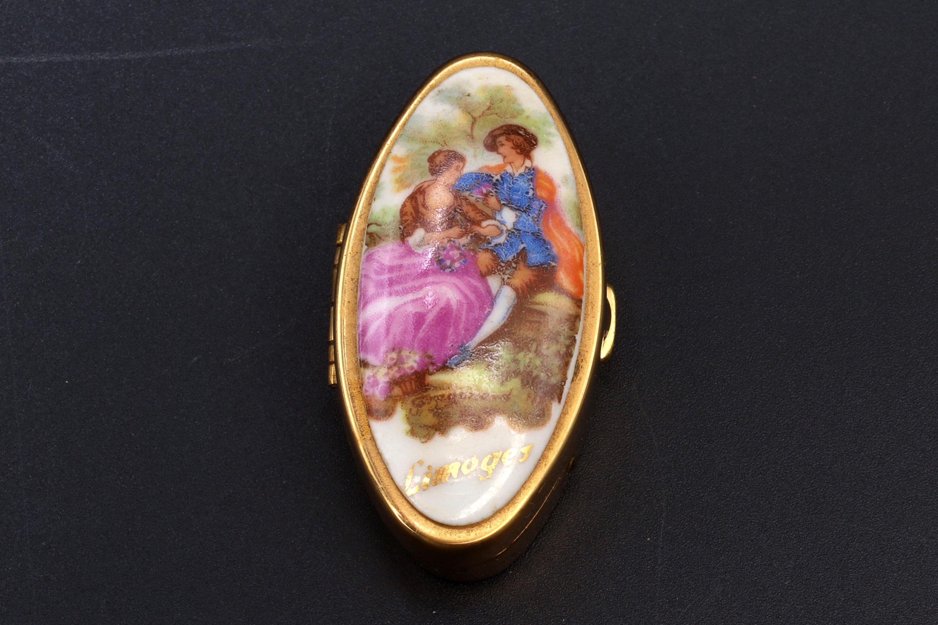 Limoges France, Small Oval Shaped Pill Box, Hand Painted Porcelain And Brass, Mid Century Box In A Rococo Art Style