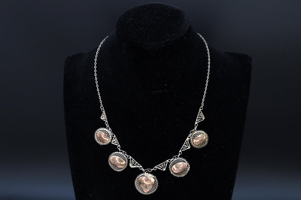 Art Deco Egypt Bib Necklace, 900 Silver And Rose Gold Wash, Filigree Wirework Medallions, Middle East And North African Fashion Accessories