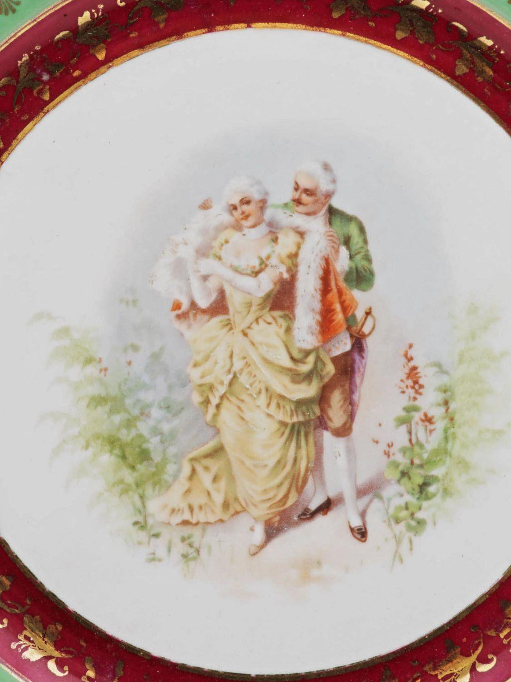 Rococo Loving Couple In Romantic Scene, A Continental Cabinet Porcelain Plate In The Style Of Vienna, Austria, Glued To Velvet Frame