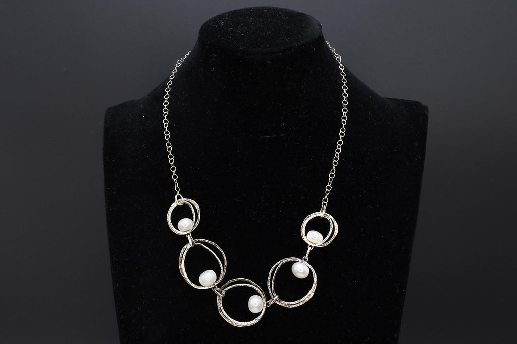 Brutalist Israel Bib Necklace, 925 Sterling Silver And Pearls, Modernist Designs By RL Regina Lane, Modernist Fashion Accessories