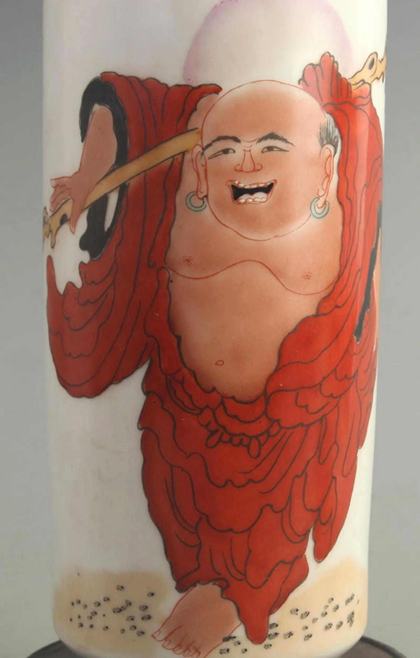 Antique Famille Rose Barrel Vase, Imperial Qing Dynasty China, A Flower Vessel With Happy Buddha, Budai Arhat, Oriental Home Decor And Art