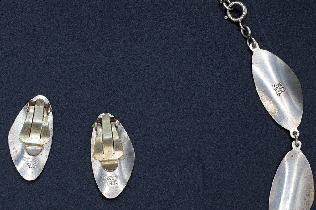 Andresen Scheinpflug, Vintage Modernist Jewelry Set, White Enamel And 925 Sterling Silver, Oval Ear Panel Links, Norway Scandinavian Fashion