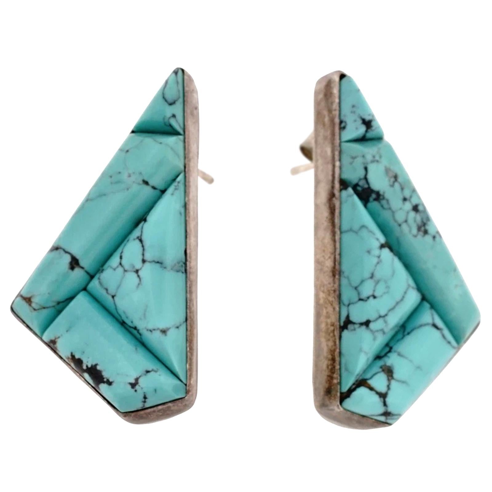 Blue Turquoise Mosaic And 925 Silver Stud Earrings By Desert Rose, Design Of Jay King, Southwestern Americana Fashion Accessories, Cowgirl