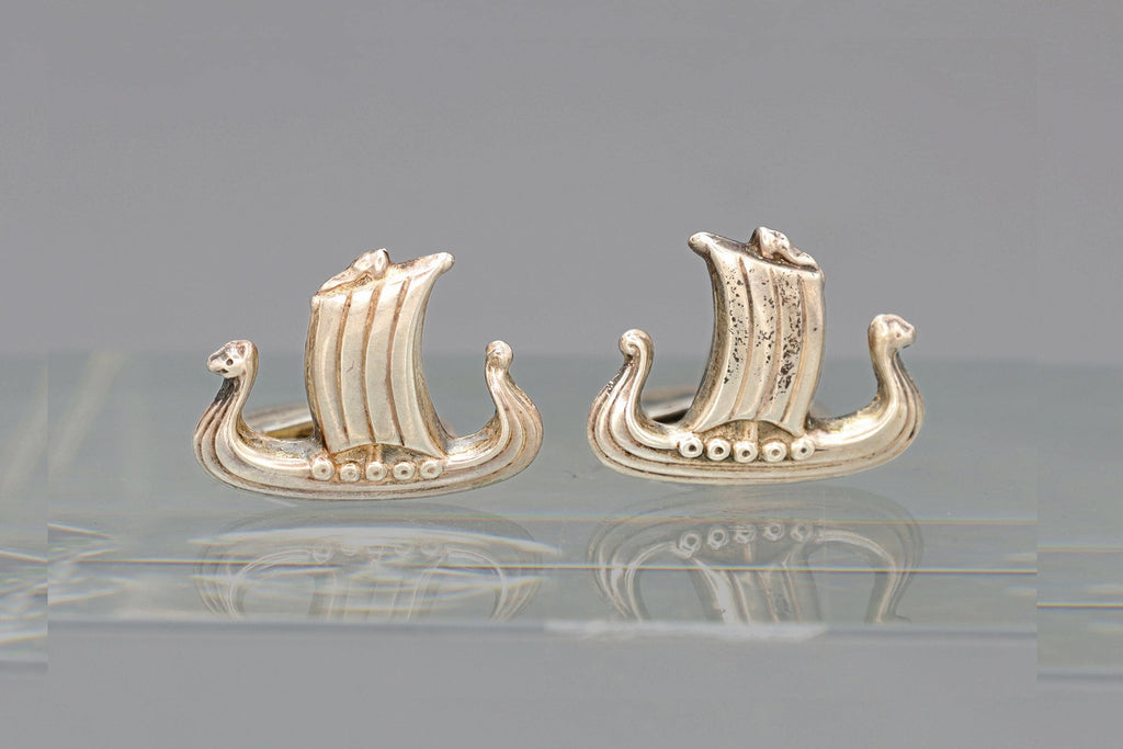 Mid Century Mens Jewelry Cufflinks, Denmark Scandinavian Viking Ship, Sailing Ship, Vintage 830 Silver Hallmarks Cuff Links Pair