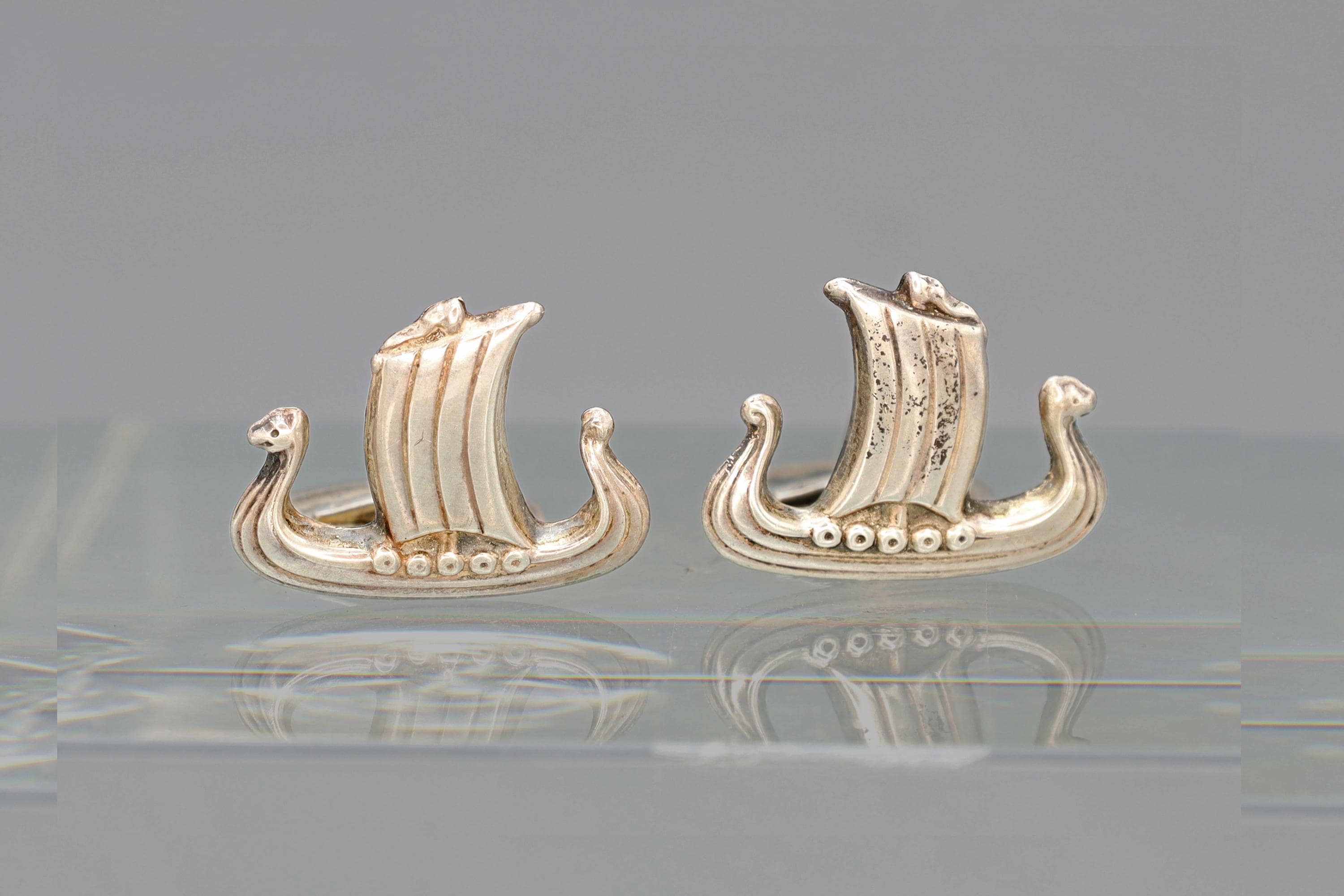 Mid Century Mens Jewelry Cufflinks, Denmark Scandinavian Viking Ship, Sailing Ship, Vintage 830 Silver Hallmarks Cuff Links Pair