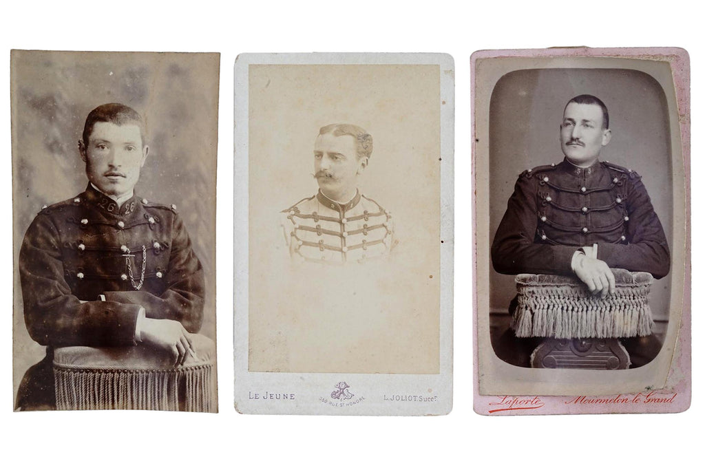 Antique 19th Century French Military Carte de Visite Photographs, Cabinet Portraits Of Young Hussar Soldiers, Victorian Era Memorabilia
