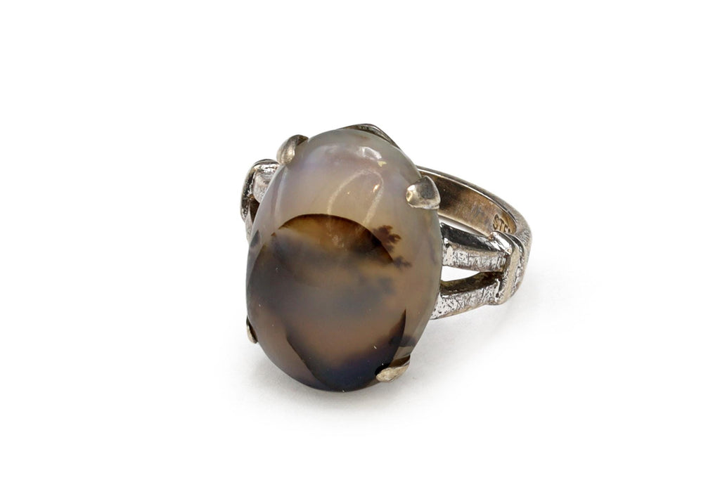 Clark and Coombs Jewelry, Sterling Silver And Moss Agate Ring Size 4 With Jeweler Hallmarks, Art Deco Fashion Accessories, Retro Americana