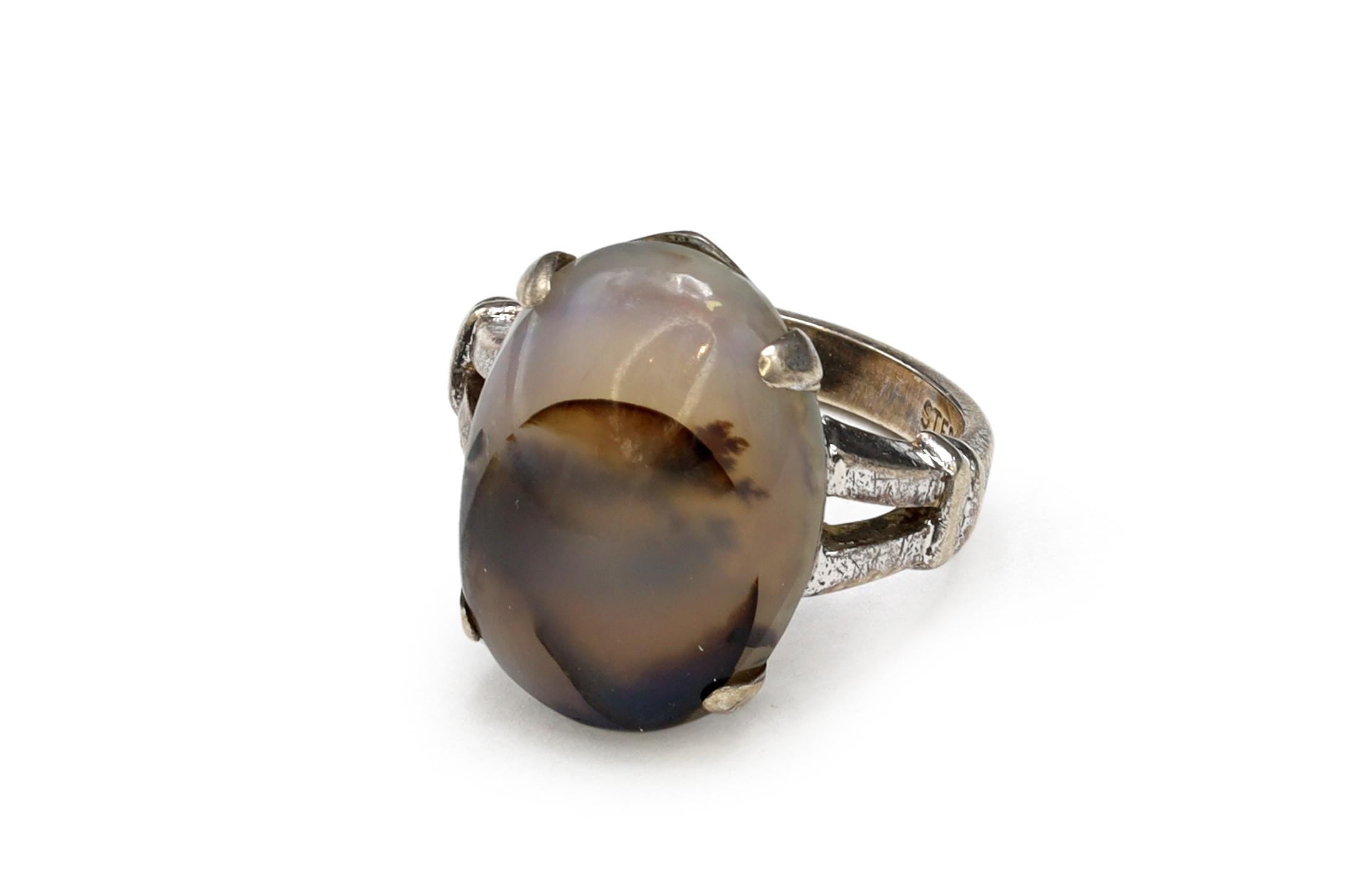 Clark and Coombs Jewelry, Sterling Silver And Moss Agate Ring Size 4 With Jeweler Hallmarks, Art Deco Fashion Accessories, Retro Americana