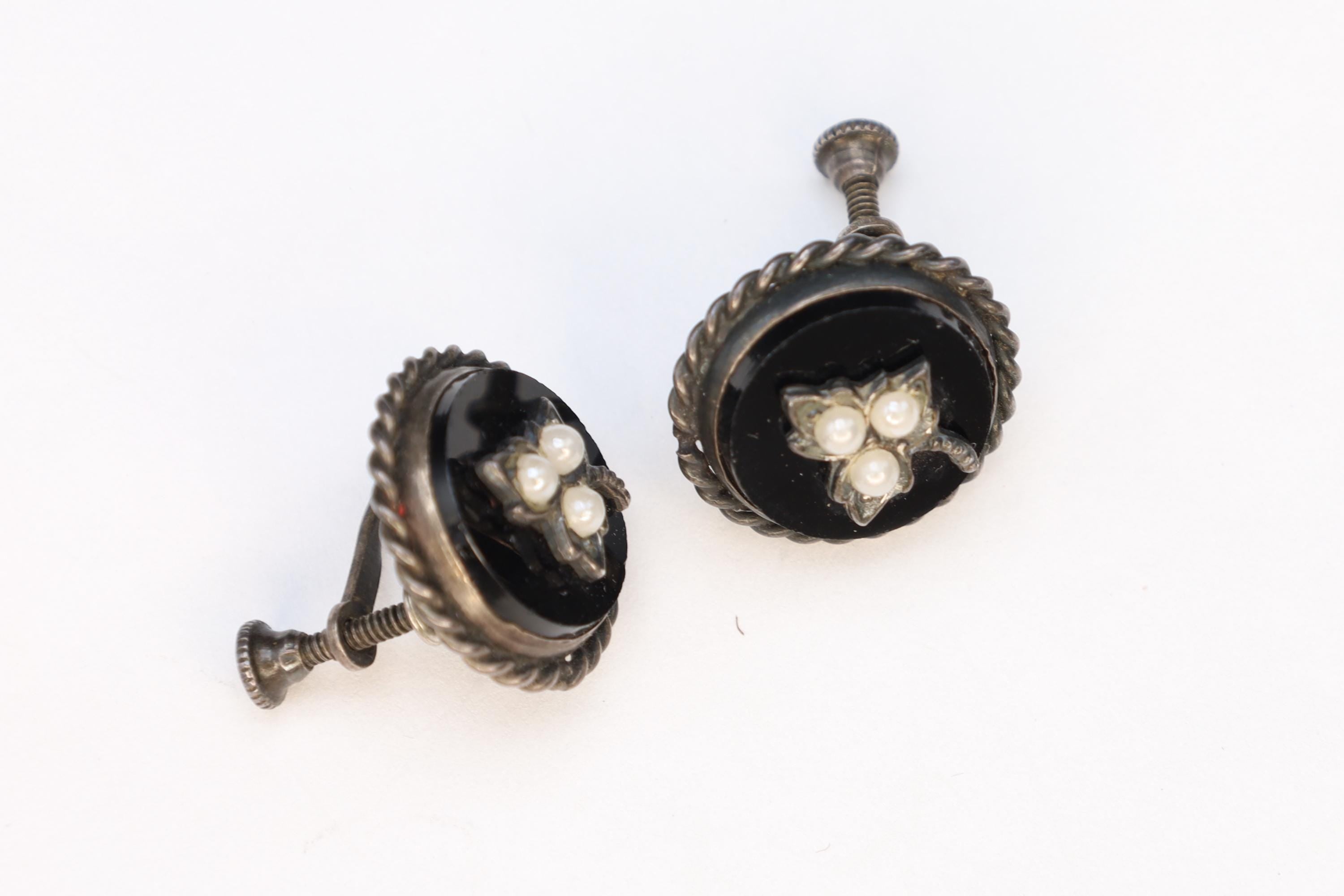 Victorian Era Jewelry, Mourning Screw Back Earrings, Round Black Onyx And Seed Pearls On Sterling Silver Settings, 19th Century Fashion