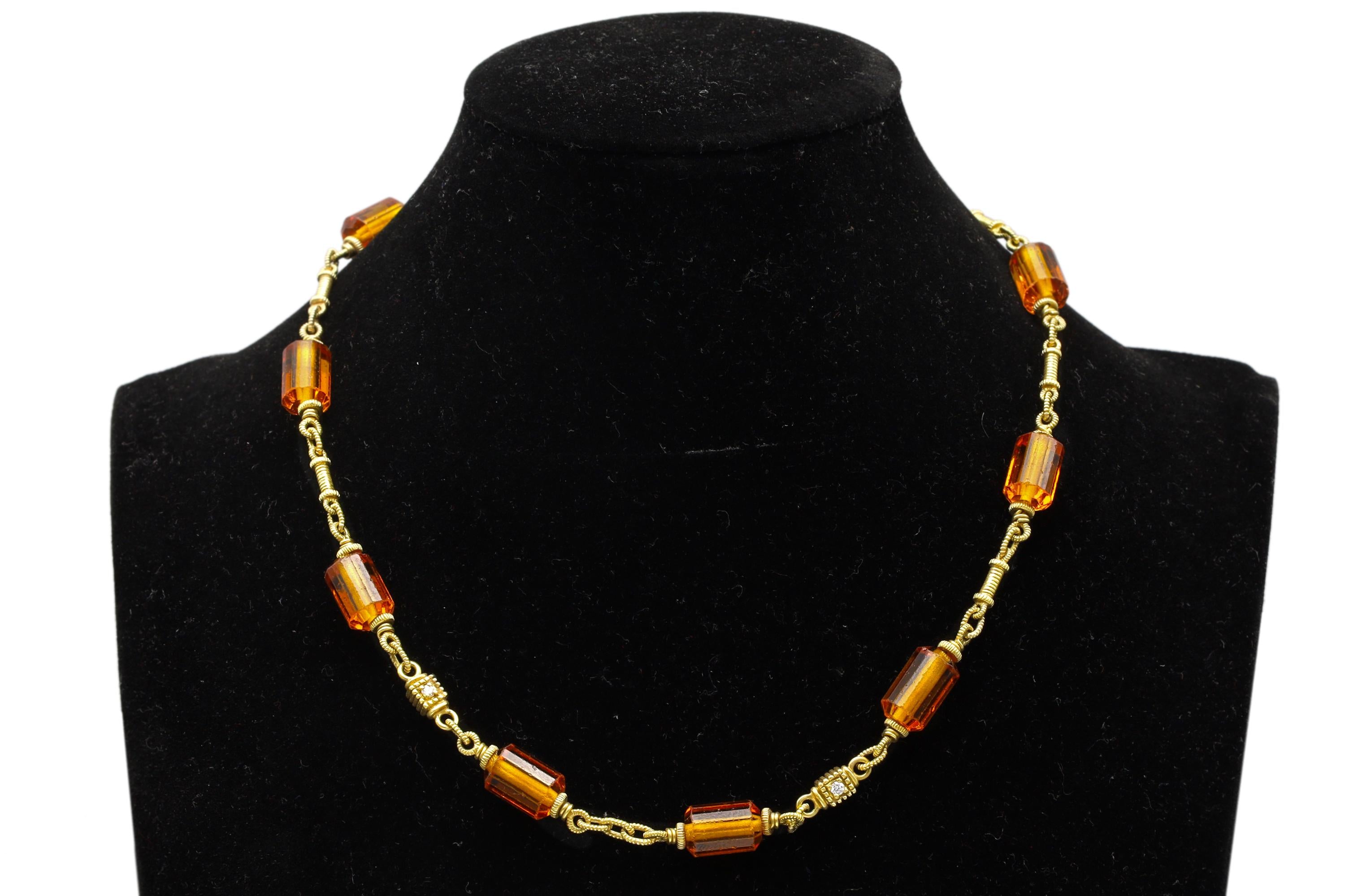 Judith Ripka Necklace, Clear White Diamonds, Orange Citrine Gemstones And 18 Karat Yellow Gold Links And 18K Chain, Luxury Jewelry Brands
