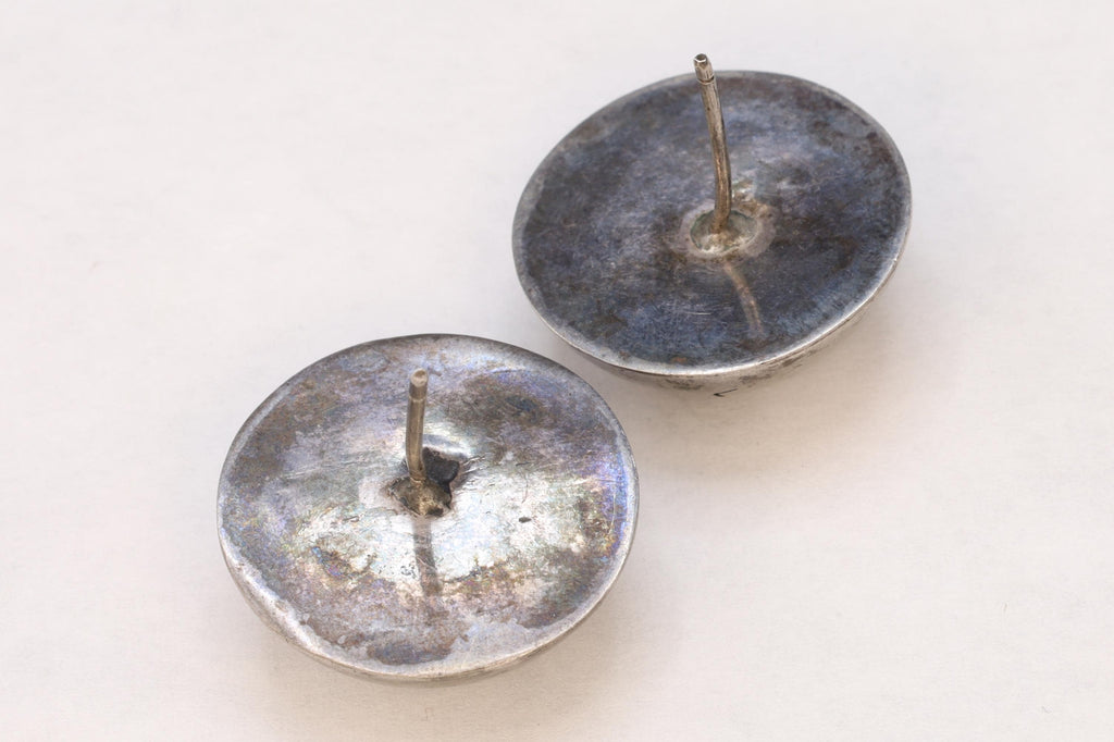 Large Round Stud Earrings With A Tribal Inspired Shadowbox Motif, Modernist Jewelry Desings, 925 Sterling Silver Fashion Accessories