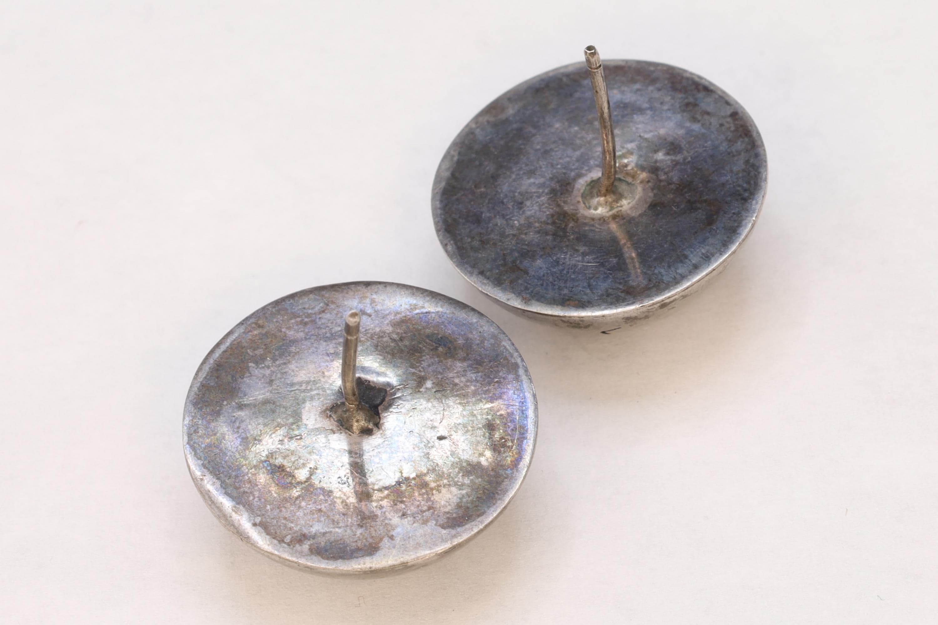 Large Round Stud Earrings With A Tribal Inspired Shadowbox Motif, Modernist Jewelry Desings, 925 Sterling Silver Fashion Accessories